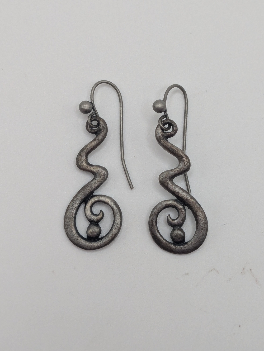 Swirl Design Dandle Earrings, Distressed Metal, EUC